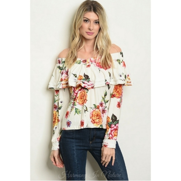 Soft Ivory Off Shoulder Floral Top - Picture 5 of 5